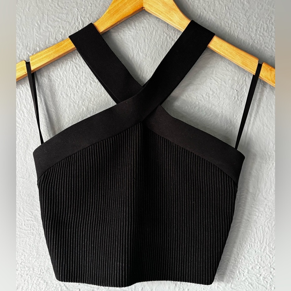 Babaton Black Ribbed Bandage Crop Top Crisscross Back Stretch Nylon Size M